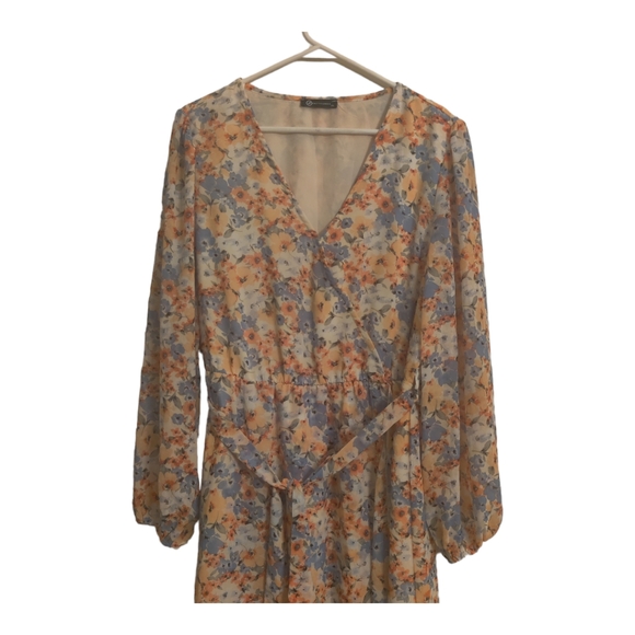 Pretty Garden Women's Floral Print Boho Dress, Long Sleeve,XL, Orange/Blue. - Picture 7 of 11